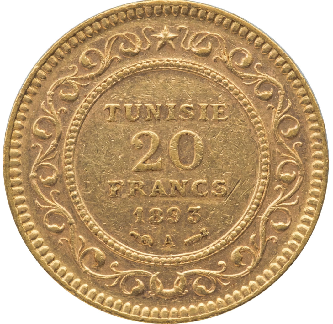 フランス領チュニジア20フラン金貨（1893年）おもて面